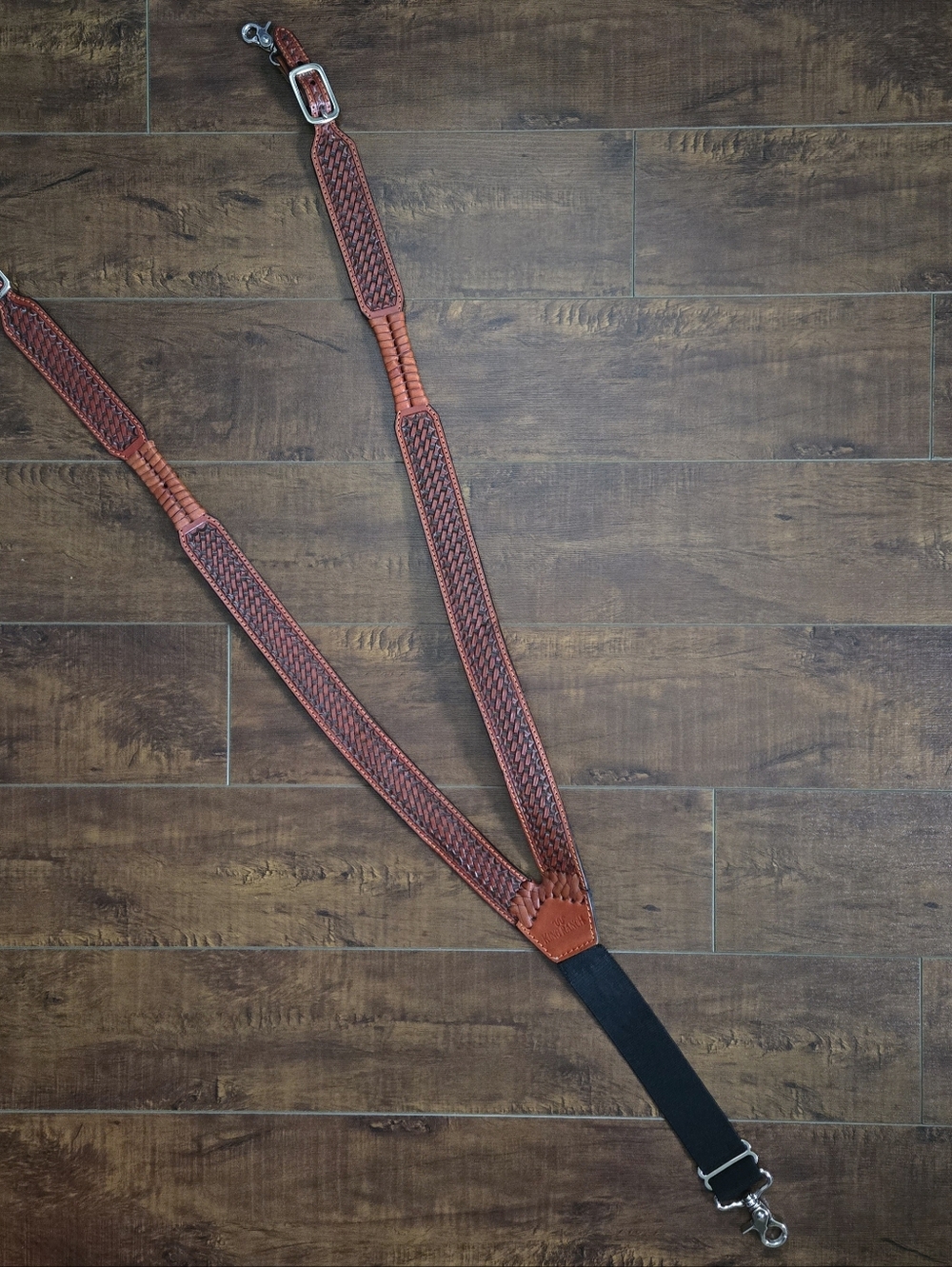 King Ranch Hand Tooled Genuine Leather Suspenders Brown